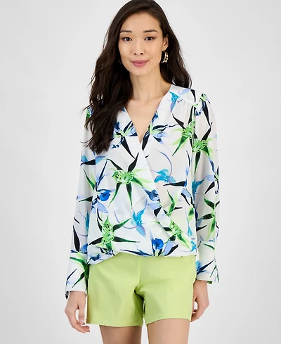 I.n.c. International Concepts Women's Printed Surplice Blouse, Exclusively at Macy's