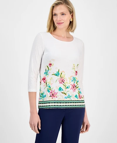 Jm Collection Women's Printed Jacquard 3/4-Sleeve Top, Exclusively at Macy's