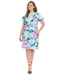 London Times Plus Floral-Print Tie-Neck Sheath Dress