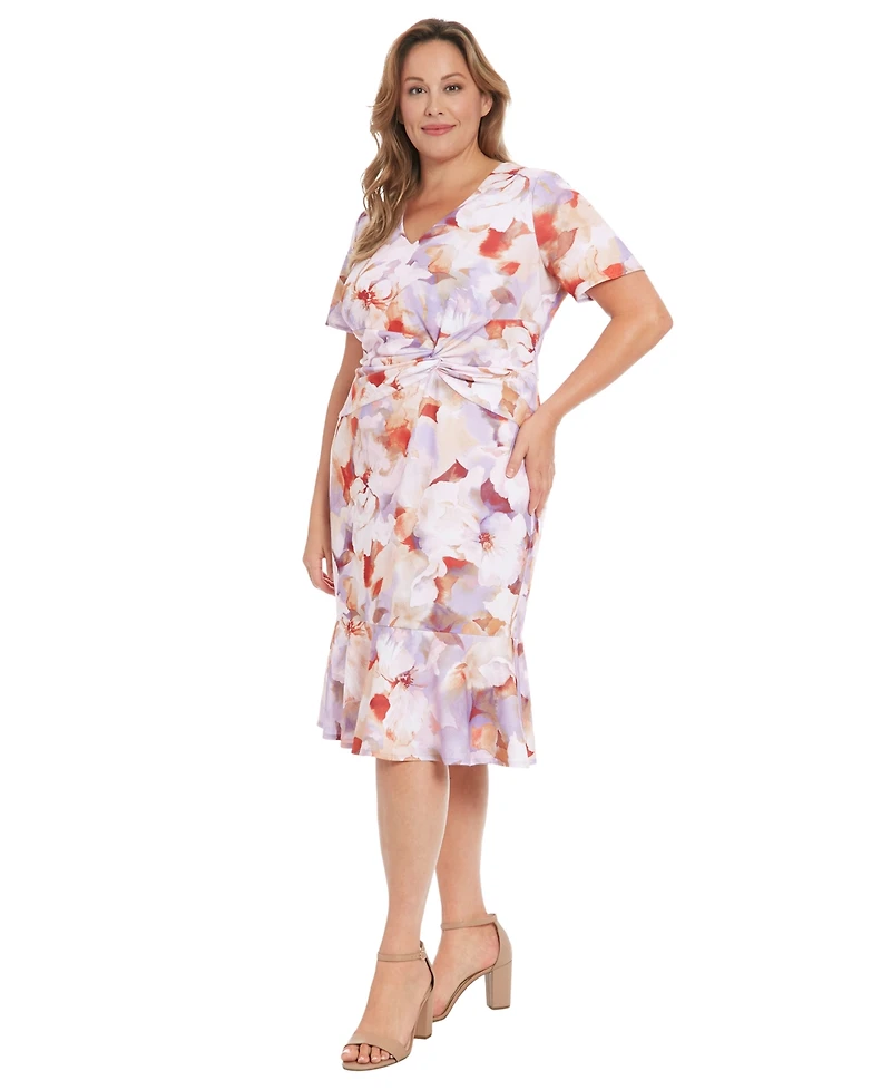 London Times Plus Floral-Print Twist-Front Midi Dress