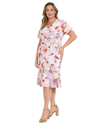 London Times Plus Floral-Print Twist-Front Midi Dress