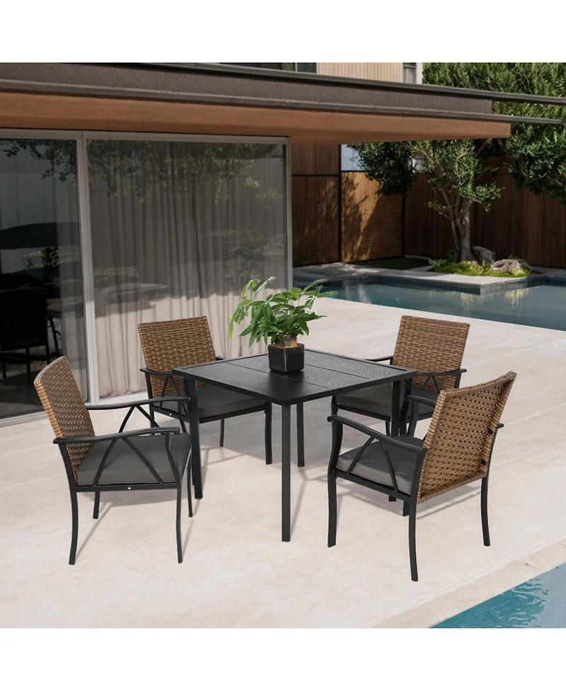 Streamdale 5-Pc Wicker Patio Dining Set, Steel Table, Umbrella Hole, for Backyard/Balcony