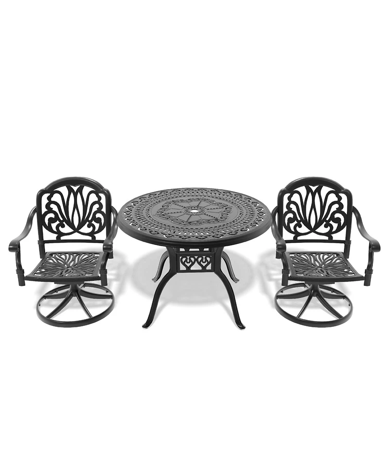 Streamdale 3-pc Cast Aluminum Dining Set, 2 Swivel Chairs, 39" Round Table, Black Frame