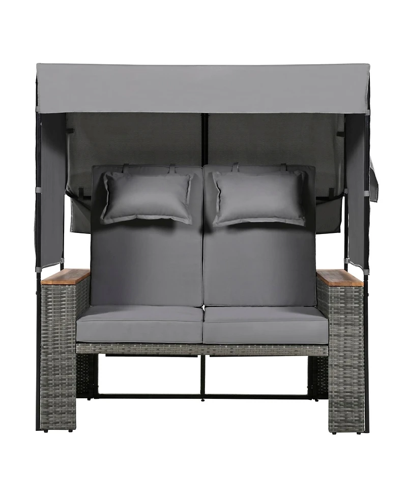 Streamdale 2-Piece Outdoor Rattan Daybed, Loveseat Sofa with Bench, Lounge Roof, Cushions (Grey)