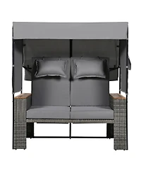 Streamdale 2-Piece Outdoor Rattan Daybed, Loveseat Sofa with Bench, Lounge Roof, Cushions (Grey)