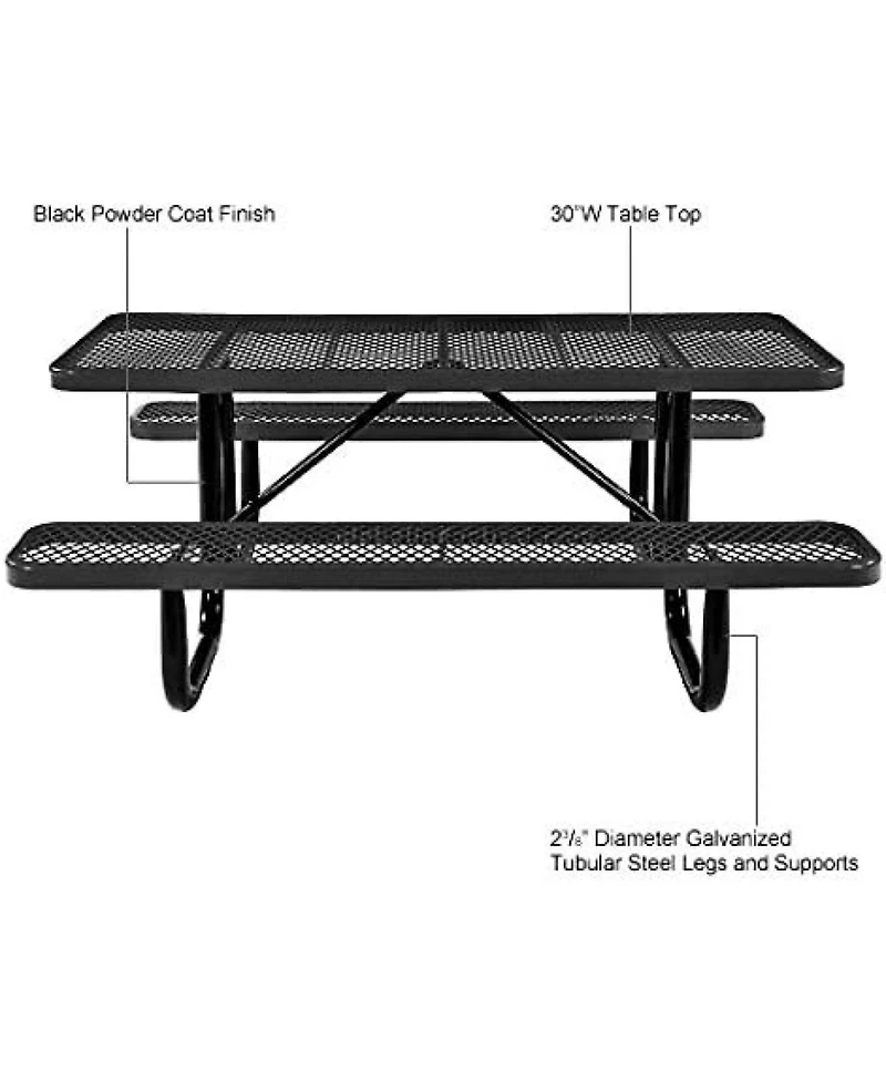 Streamdale 72" Expanded Metal Rectangular Picnic Table, Black With Umbrella Hole