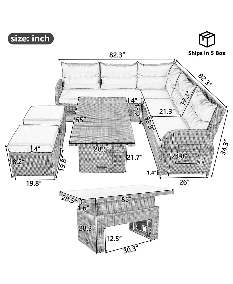 Streamdale Patio Rattan Set, Adjustable Table, Recliners, Ottomans - Grey