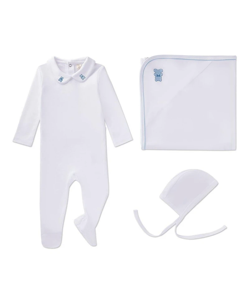 MeMoi Baby Boys 3 Piece 100% Pima Footie Set with Peter Pan Collar and Teddy Bear Embroidery