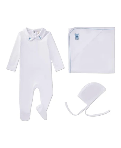 MeMoi Baby Boys 3 Piece 100% Pima Footie Set with Peter Pan Collar and Teddy Bear Embroidery