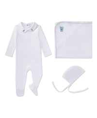MeMoi Baby Boys 3 Piece 100% Pima Footie Set with Peter Pan Collar and Teddy Bear Embroidery