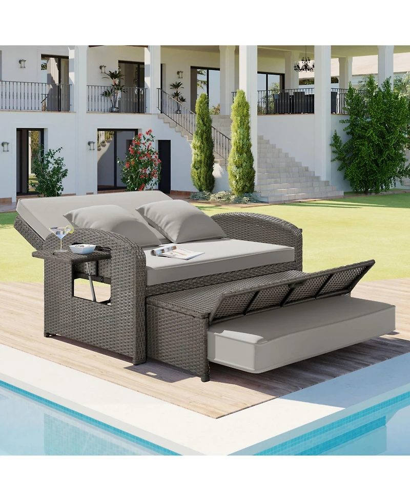 Streamdale Pe Wicker Double Chaise Lounge, Reclining, Cushions, Cover, Gray