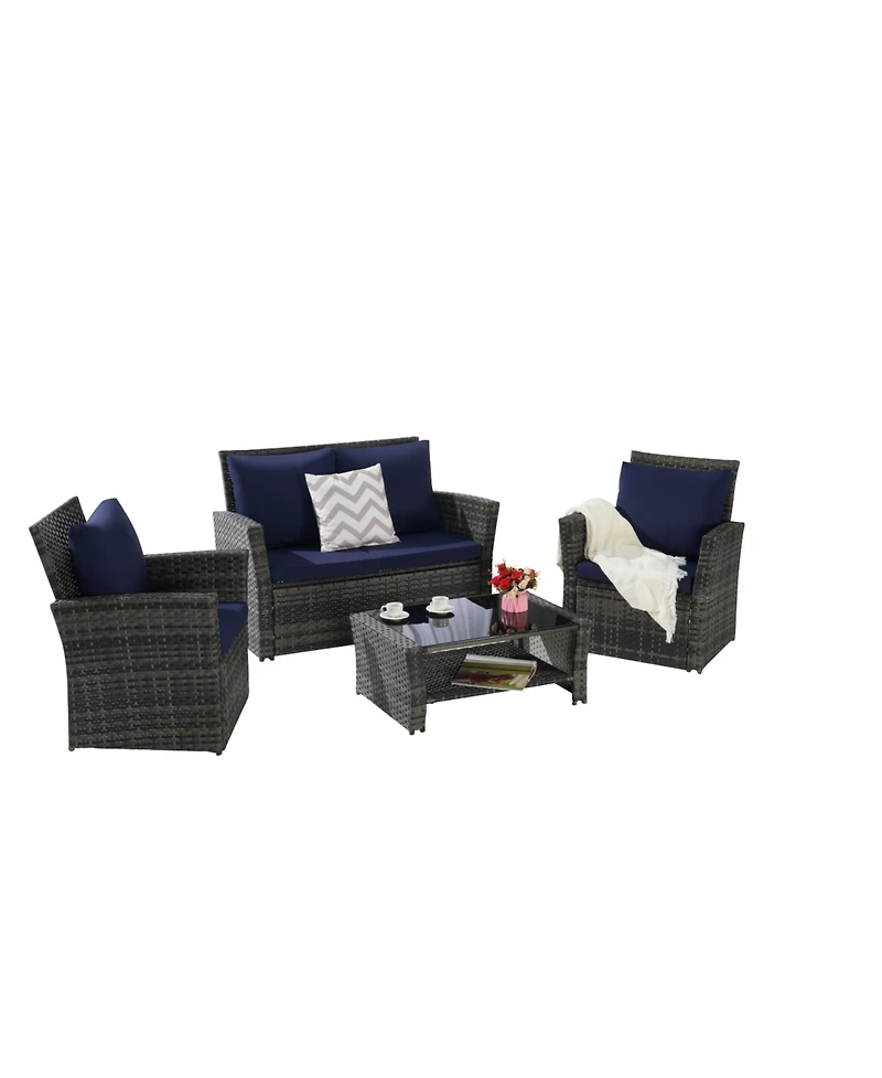 Streamdale 4-Piece Outdoor Patio Furniture Set, Rattan Chairs, Glass Table