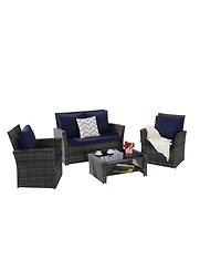 Streamdale 4-Piece Outdoor Patio Furniture Set, Rattan Chairs, Glass Table