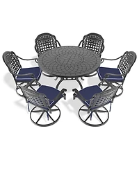 Streamdale 7-Pc Cast Aluminum Dining Set, 6 Swivel Chairs, 47" Round Table, Black Frame