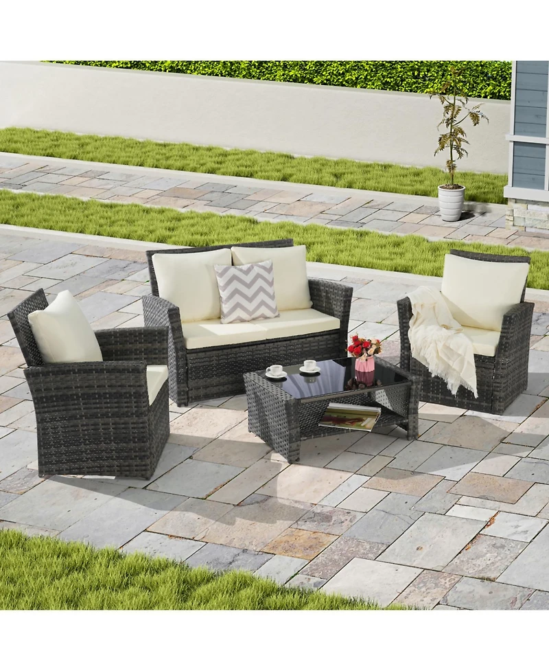 Streamdale 4-Piece Outdoor Patio Furniture Set, Rattan Chairs, Glass Table