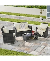 Streamdale 4-Piece Outdoor Patio Furniture Set, Rattan Chairs, Glass Table