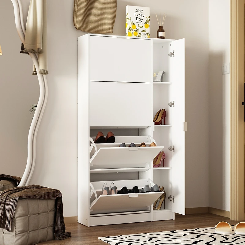 4-tier chest of drawers with metal handles and a side cabinet, white wooden shoe rack with adjustable partitions, mirrored doors