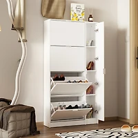 4-tier chest of drawers with metal handles and a side cabinet, white wooden shoe rack with adjustable partitions, mirrored doors
