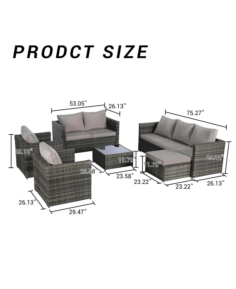 6-Piece Outdoor Wicker Patio Conversation Set w/ Cushions & Glass Table