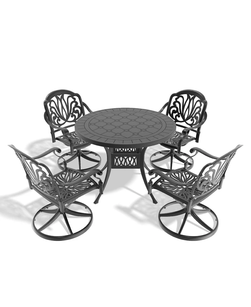Streamdale 5-pc Cast Aluminum Dining Set, 4 Swivel Chairs, 39" Round Table, Black Frame