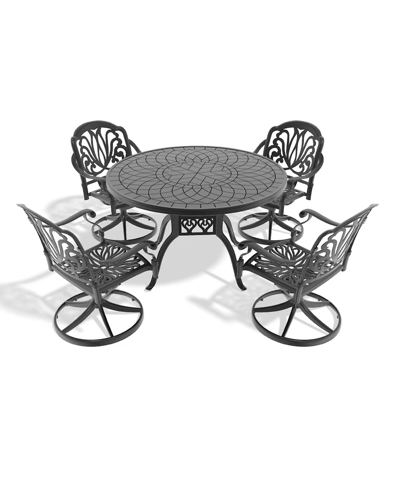 Streamdale 5-Pc Cast Aluminum Dining Set, 4 Swivel Chairs, 47" Round Table