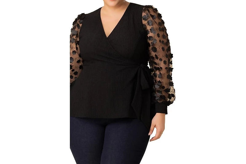 Kiyonna Plus Scattered Petals Long Sleeve Wrap Top
