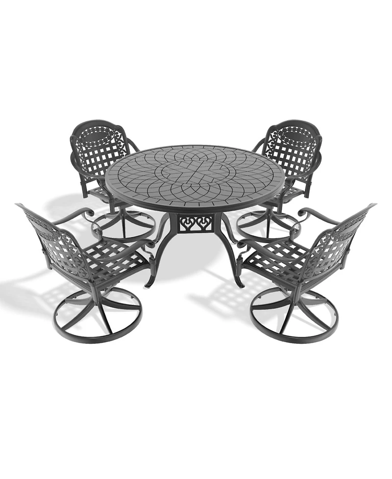 Streamdale 5-Pc Cast Aluminum Dining Set, 4 Swivel Chairs, 47" Round Table