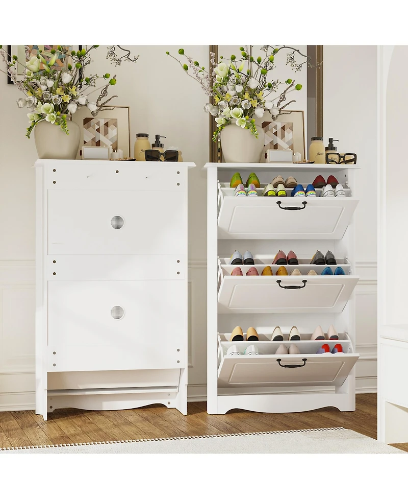 Wooden 3-door natural shoe cabinet, multi-purpose shoe rack with adjustable shelves,white