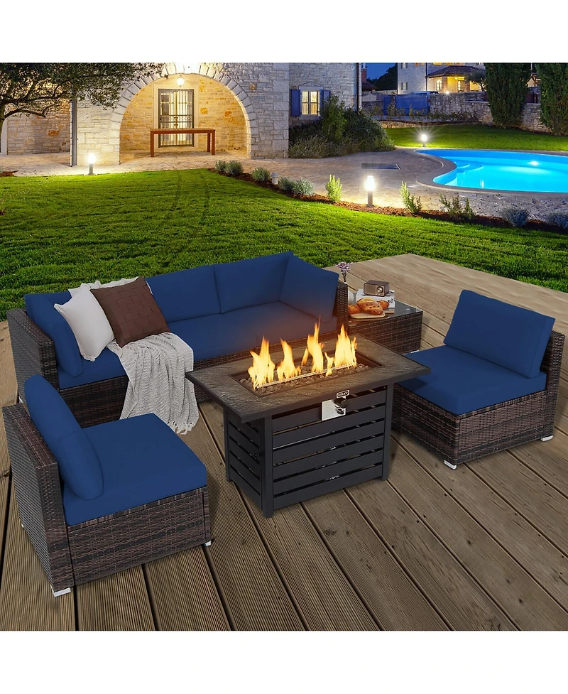 Gymax 7PCS Patio Rattan Furniture Set 42'' Fire Pit Table w/ Cover Cushioned