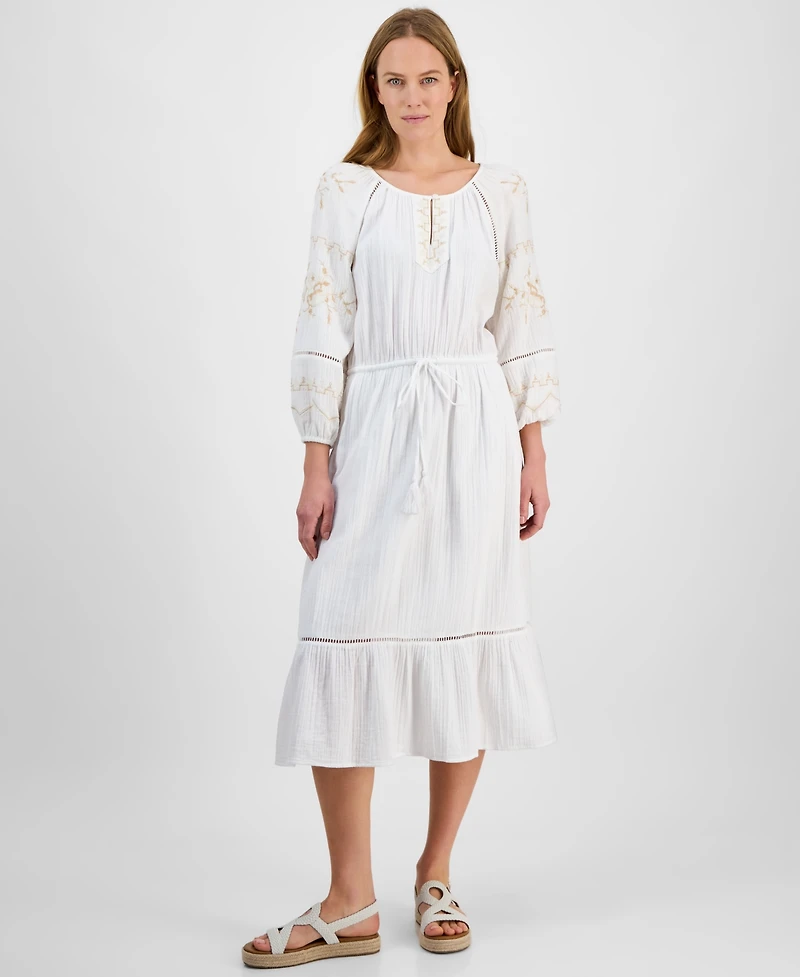 Style & Co Petite Cotton Embroidered Ladder-Trim Midi Dress, Exclusively at Macy's