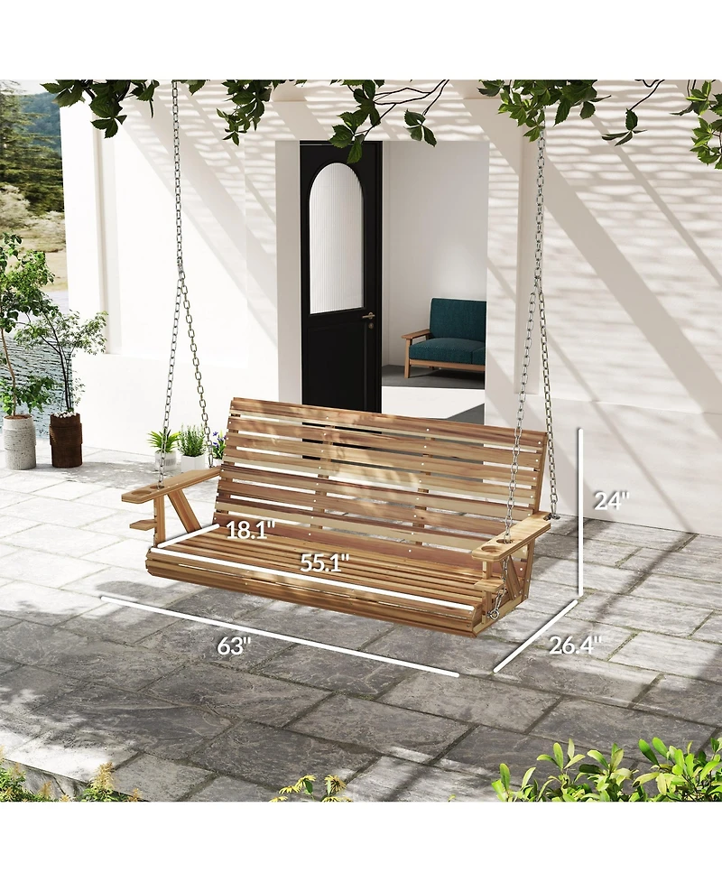 Outsunny 5 Ft Wooden Porch Swing 3-Seater with Cupholders,