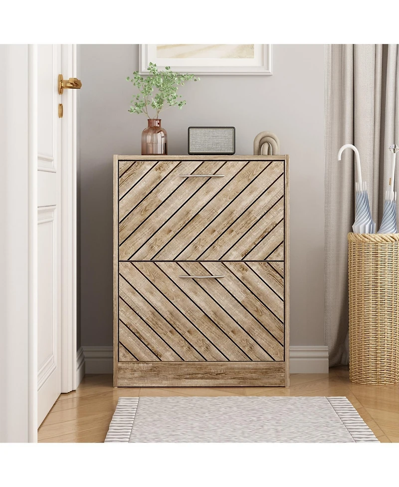 the yellow 2-door wooden shoe cabinet and fashionable shutter door design, sturdy durable, efficient stored, enhance aesthetics of