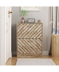 the yellow 2-door wooden shoe cabinet and fashionable shutter door design, sturdy durable, efficient stored, enhance aesthetics of