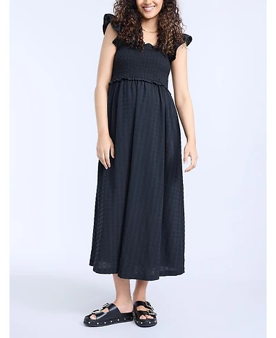 Women's Sleeveless Ruffle Shoulder Smocked Maxi Dress - Motherhood Maternity