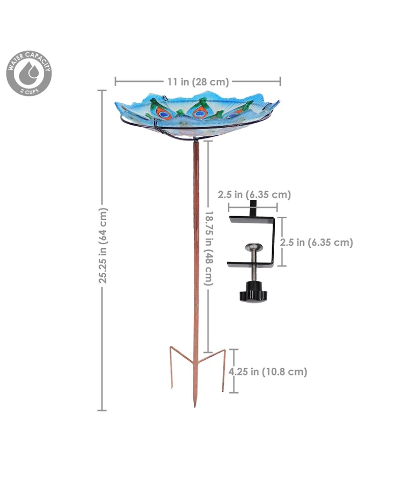 Exquisite Feathers Deck-Mounted/Staked Glass Bird Bath - 11” Diameter - Turquoise