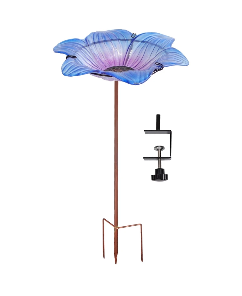 Morning Glory Deck-Mounted/Staked Glass Bird Bath - 11.5" Diameter - Blue