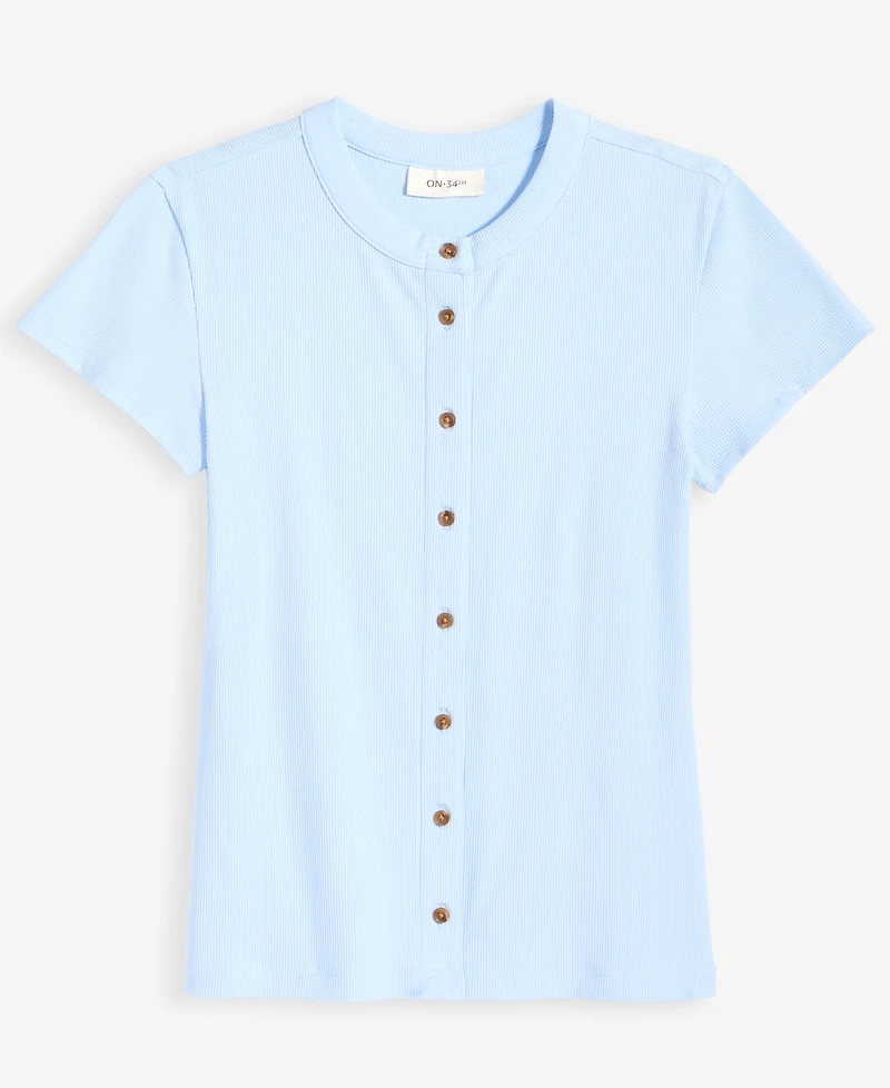 On 34th Women's Rib-Knit Short-Sleeve Button Front Top