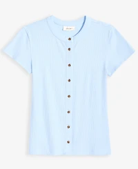 On 34th Women's Rib-Knit Short-Sleeve Button Front Top