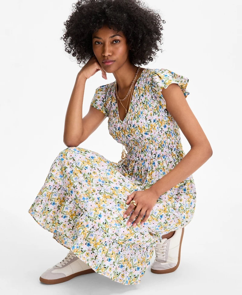 On 34th Women's Printed Smocked Flutter-Sleeve Midi Dress
