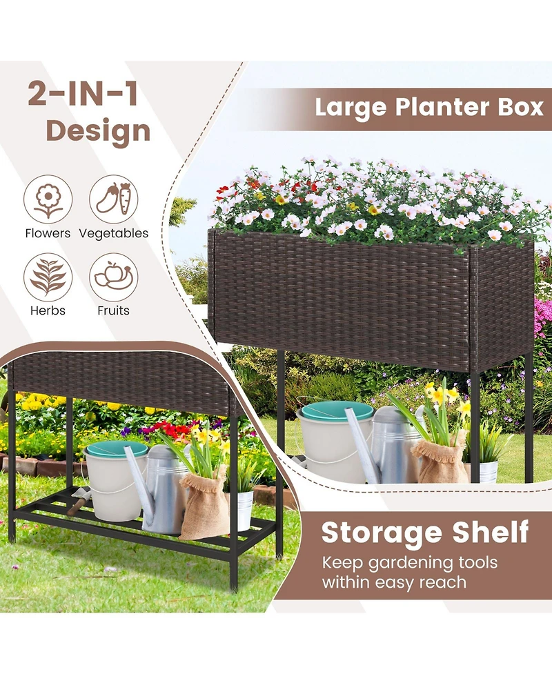 Wicker Raised Garden Bed with Storage Shelf and Removable Liner for Flowers