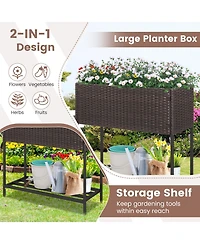 Wicker Raised Garden Bed with Storage Shelf and Removable Liner for Flowers