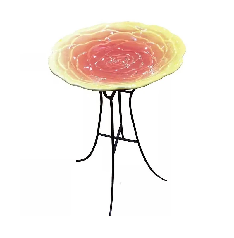 Outdoor Ceramic Floral Birdbath with Metal Stand for Garden Decor