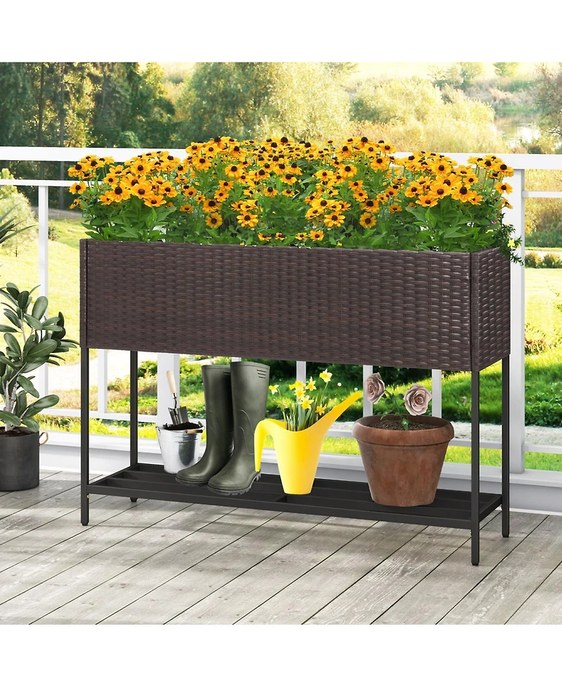 Wicker Raised Garden Bed with Storage Shelf and Drainage Gaps for Flowers