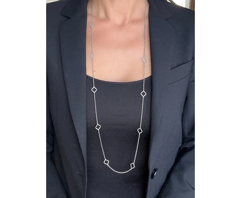 White Rhodium Open Cz Clover Station Long Necklace