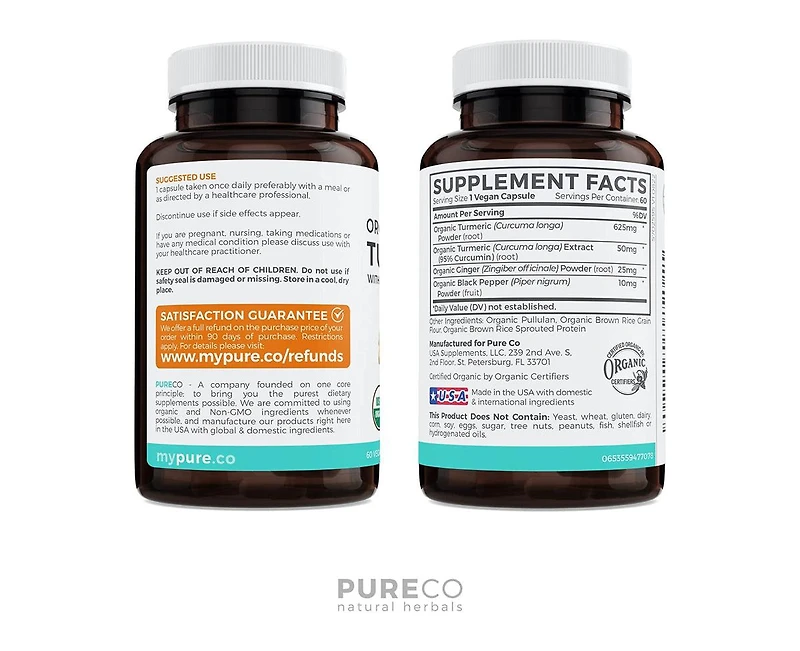 Organic Turmeric With Ginger & Black Pepper Supplement Capsules, Turmeric Curcumin Supplement for Immunity and Healthy Joints, Pure Co, 60ct