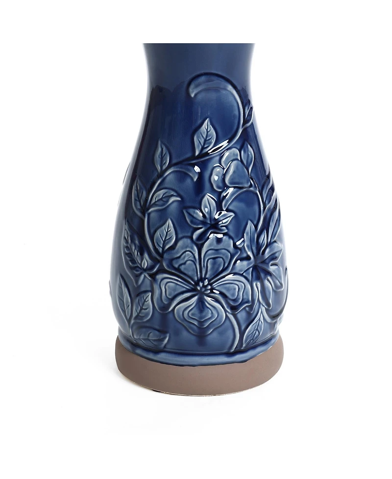 LuxenHome Blue Petals and Vines 22-Inch Tall Ceramic Birdbath