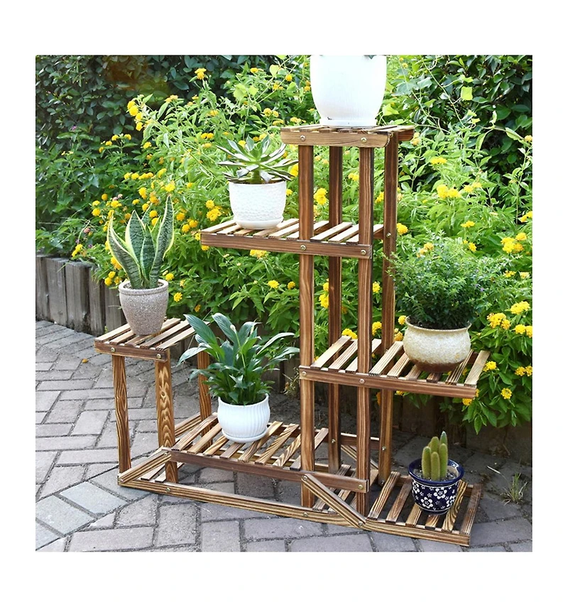 Unho 6 Tier Large Size Flower Planter Rack Plant Stand Garden Decor Planter Display Pine Wood
