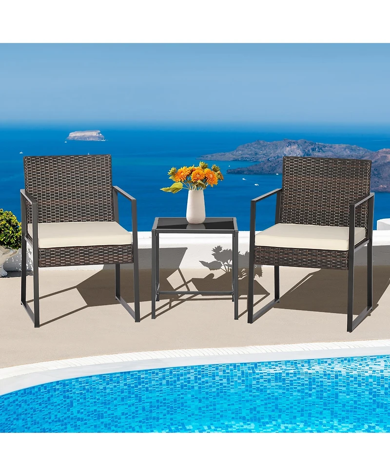 3pcs Patio Furniture Set Heavy Duty Cushioned Wicker Rattan Chairs Table