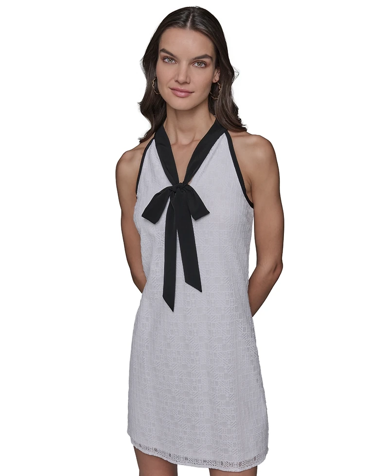 Karl Lagerfeld Paris Women's Geo-Lace Tie-Neck Shift Dress
