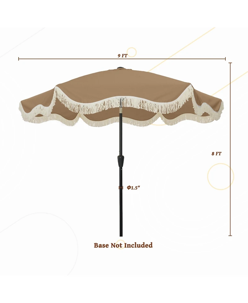 Mondawe 9 Ft Fashionable Boho Vintage Tassels Print Patio Umbrella with Push Button Tilt Pole